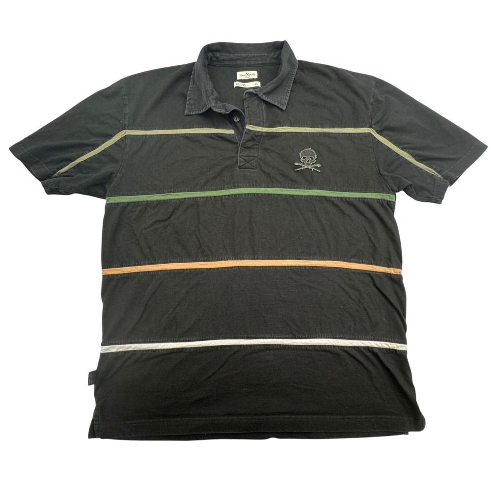Marc Ecko Cut & Sew Polo Shirt Mens 2XL Black Skull Crossbones Striped Casual
